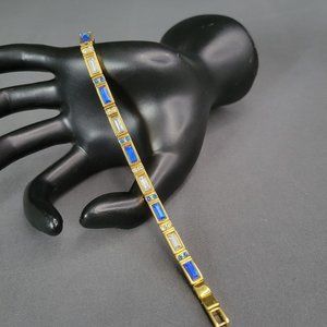 Womens Gold Tone Blue Clear Crystal Rectangle Link Fashion Bracelet 6 3/4 in